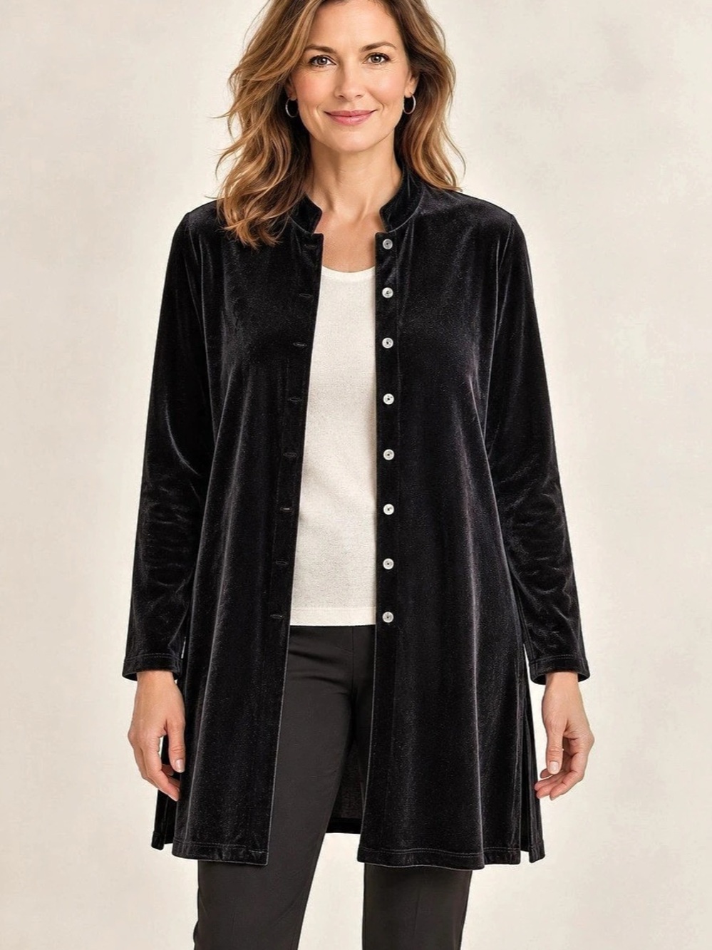 Chico’s Black Velvet Long Button Front Jacket Size 3 - XL